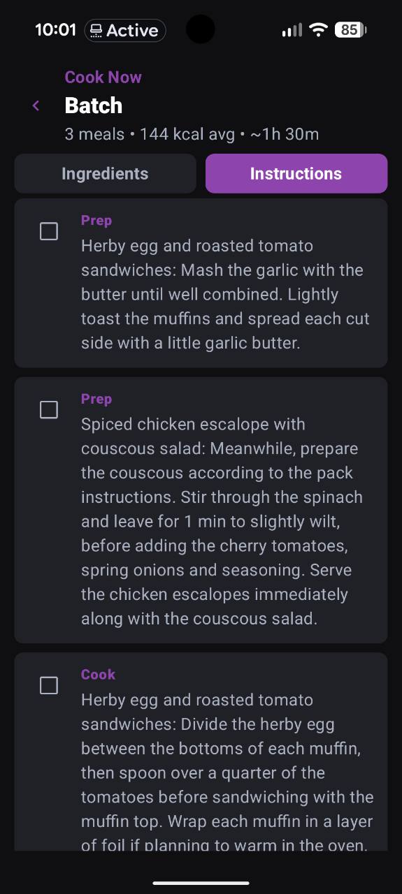 Fossil Fuel batch cooking instructions for multiple meals