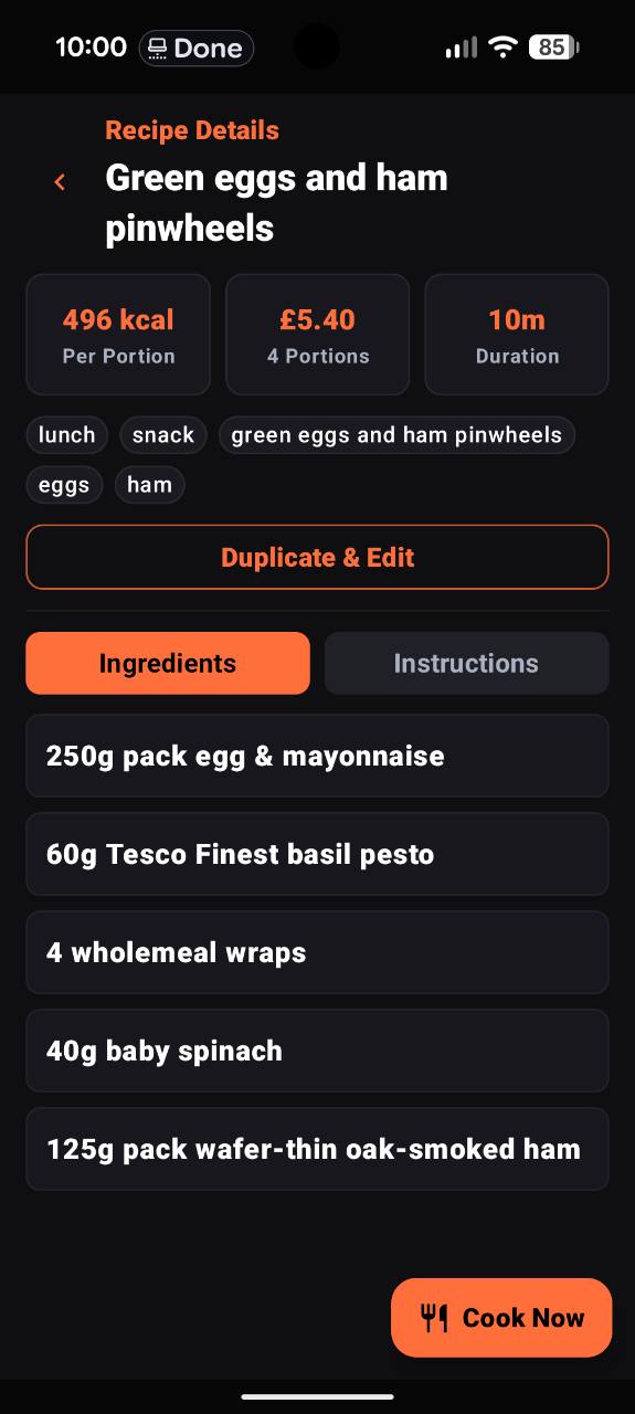 Fossil Fuel recipe detail with price, calories, cook time and ingredients