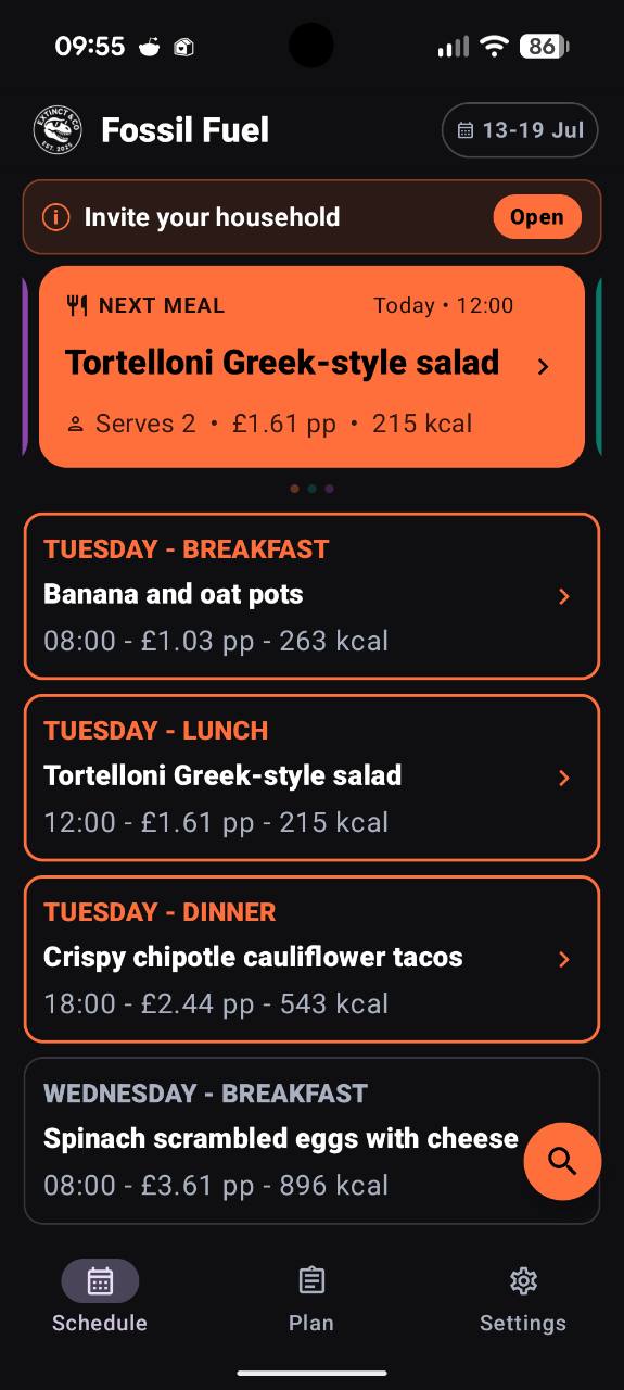Fossil Fuel mobile app showing today's next meal and a weekly meal schedule